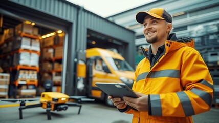 delivery worker holding a clipboard standing in front of an open warehouse with parcels in the background and a yellow delivery van.