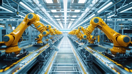 industrial site with a row of yellow robotic arms in a factory symbolizing automation and modern manufacturing techniques.