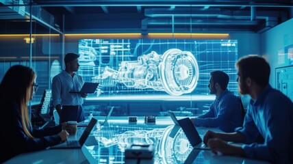 group of professionals in a room where a man stands and presents a digital model of an engine to his colleagues on a large screen. - obrazy, fototapety, plakaty