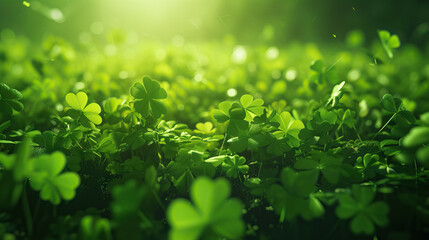 Green grass with green heart shaped shamrocks leaves in natural background for St. Patrick's day - AI Generated - obrazy, fototapety, plakaty