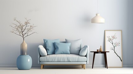 White and blue living room with sofa, armchair, lamp, posters