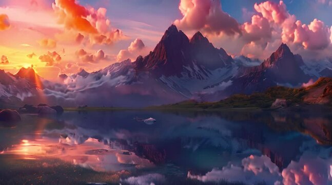 Magical landscape, motion graphics. beautiful flowing clouds, sunset, mountains and lake. Fantasy style nature background