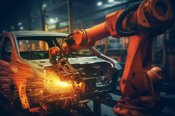 Automated Robotic arms line welding assembly car working at futuristic factory, industrial robots in automotive factory industry factory automation car manufacturing. Robot arm high tech. ai generated