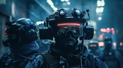 Fototapeta premium Advanced Technology of Urban Special Forces: Night Vision Goggles and Communication Gear
