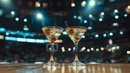 Cinematic wide angle photograph of two martini glasses with an olive at a basketball stadium....