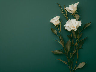  Banner with white tulip flowers on a dark green teal background. Greeting card template for Wedding, mothers or womans day. Spring time composition with copy space. Flat lay banner with copy space.