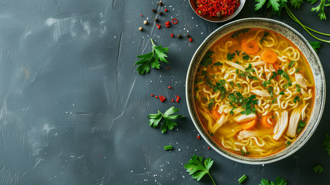 Instant chicken noodle soup with parsley and vegetables in a blue plate. Top view of chicken broth with noodles on pale blue background. Flat-lay Banner with Copy Space.