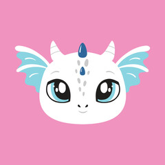 Dragon vector illustration, cute portrait, little child, baby face, wings, symbol of the year, character. Cutie, funny baby animal face, portrait. Illustration for printing on fabric, postcard, print