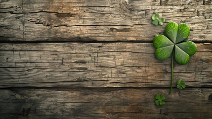 Clover leaves on old wooden background. St.Patrick's day background with copy space - AI Generated