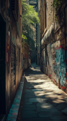 Fototapeta premium Vertical shot of a narrow street with grunge walls on both sides, filled with graffiti, street art, and signs of decay, early morning light casting shadows