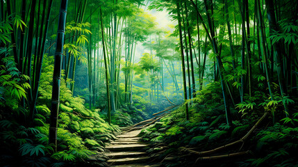 a path through a bamboo forest with a bench