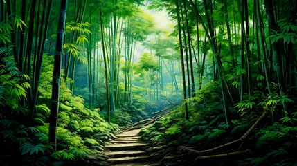 Gordijnen a path through a bamboo forest with a bench © Alla