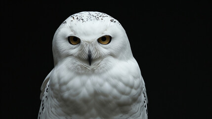 Obraz premium A dramatic portrait of a white owl with piercing eyes set against a velvety black background, highlighting its majestic presence