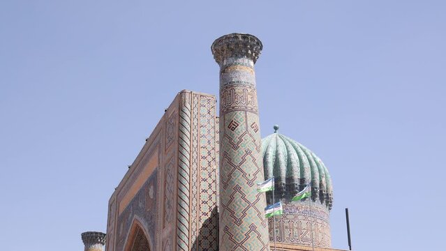 beautiful blue domes on fascade of madrassa in Samarkand, Uzbekistan along the historic Silk Road