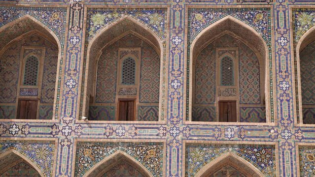 rows of archways at islamic school madrassa in Samarkand, Uzbekistan along the historic Silk Road