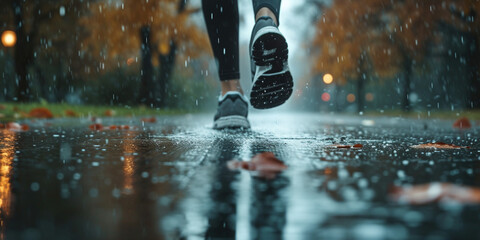 Run outside doing sport in cold any rainy weather healthy lifestyle keep moving concept. Autumn spring exercise fitness lifestyle athlete walking with running shoes while raining