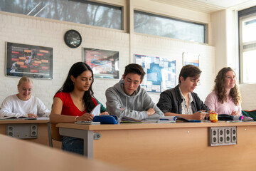Mix nationality students in a european classroom studying 