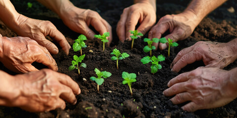 Fototapeta premium Caring for environment ecology. Many senior hands dig ground around plants. Farmers with sprout fertile land. Agriculture concept. Gardener on plantation presses sprouts into soil. Grow food