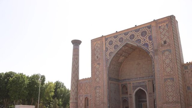 outside fascade of islamic madrassa in Samarkand, Uzbekistan along the historic Silk Road