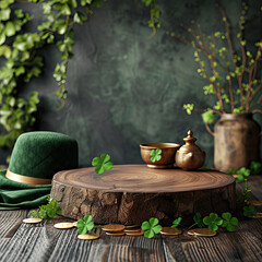 Spring table stand display podium background for St. Patrick's Day - AI Generated
