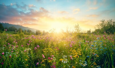 Capturing Serene Sunrise Moments in Tranquil Meadows: Realistic Nature Photography with Prime Lighting and Wildflowers