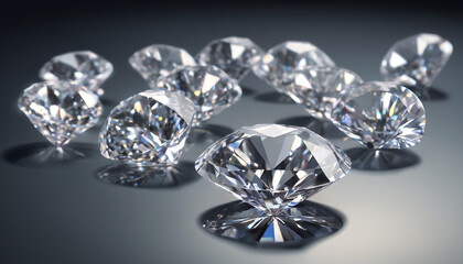 Brilliant cut diamonds sparkle intensely scattered on a reflective surface