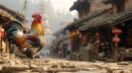 Colorful rooster standing tall in a traditional village setting - obrazy, fototapety, plakaty