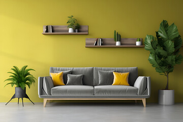 A stylish modern living room with a grey sofa with pillows