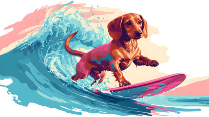 The Dachshund dog is riding waves in the ocean, creating splashes of water with bright colors. pink colors. generative AI - obrazy, fototapety, plakaty