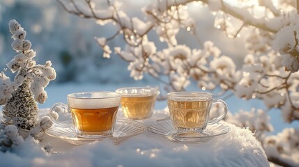 Obraz na płótnie Canvas Winter tea time outdoors with clear cups on a snow-covered table