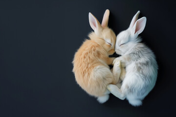 Two adorable rabbits sleeping on dark blue background, Easter holiday celebration, top view, closeup, isolated, space for text, Generative AI	