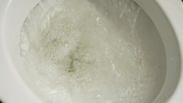 Flush toilet. Water flushes the toilet with toilet paper