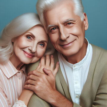 Portrait of affectionate senior couple on orange background