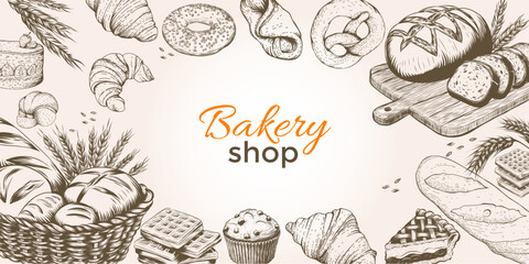 Vintage Bakery shop template banner background with bakery products hand drawn sketch illustration in engraving style. Linear graphic. Bread and pastry collection. Bread house.