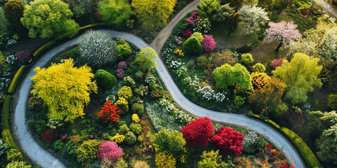 Summer in forest aerial top view. Winding road and forest trees. Soft light in countryside woodland or park. Drone shoot above colorful green texture in nature