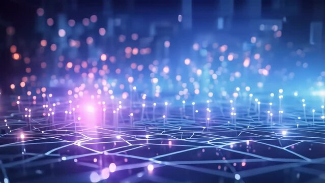 A dark background illuminated by a vibrant blue mesh or intricate interwoven lines forms an abstract backdrop. Generative AI