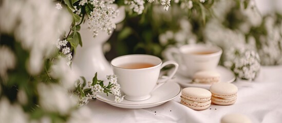 Feminine tranquility with aesthetic tea service, herbal tea, and macaron desserts surrounded by biophilic decor and white flowers.