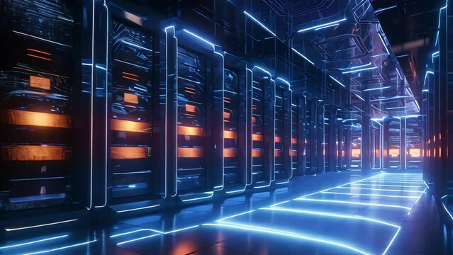 A visual concept of a modern data center with server racks in a dimly lit room, representing the Internet of Things and digitalized internet traffic. Generative AI