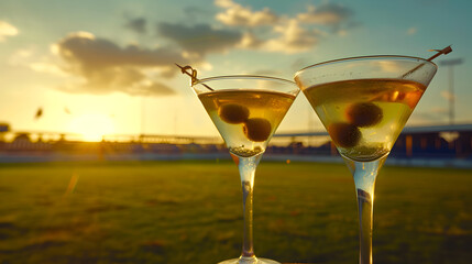 Cinematic wide angle photograph of two martini glasses with an olive at a soccer field. Product photography.