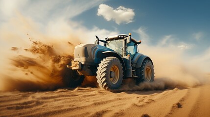 Hand sowing seeds in vast field with warm cinematic lighting and blurred tractor in background - obrazy, fototapety, plakaty