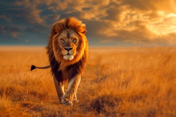 the lion is standing with a golden backdrop
