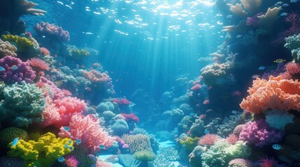 Naklejka na ściany i meble Colorful Underwater World Coral reef as a habitat for various types of fish with copy space area. wallpaper . Ai Generated