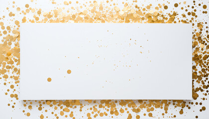 Blank text card surrounded by golden glitter particles, confetti or sequins. Greeting card or invitation for celebration of anniversary, wedding, New Year's wishes, Birthday, New Year's Eve party. Mar