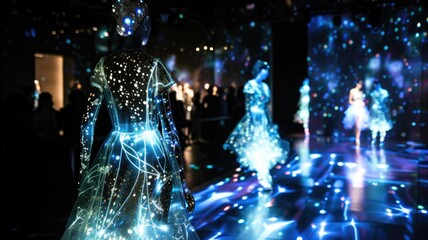 Holographic human figures walking on a futuristic illuminated pathway