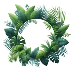 Round frame made of green tropical leaves with space for text on a white background.