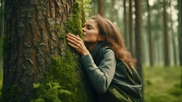 The girl hugs a large hundred-year-old tree overgrown with moss, as if soaking up its energy in unity with nature. Generative AI