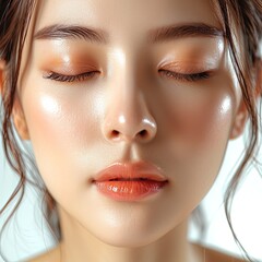 Face of Woman cosmetic closeup beauty portrait healthy care skin and hair over beige color background.