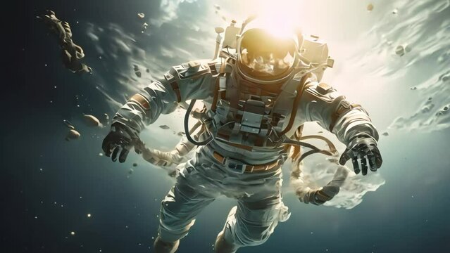An astronaut hovering in zero gravity somewhere in another galaxy, studying cosmic phenomena and life on other planets. Generative AI