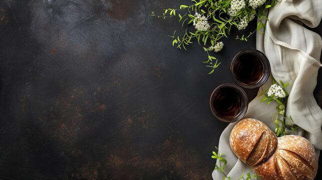 top view flat lay towel, loaf of bread and wine on a black background with copy space for Holy week Maundy Thursday - AI Generated Abstract Art - Powered by Adobe