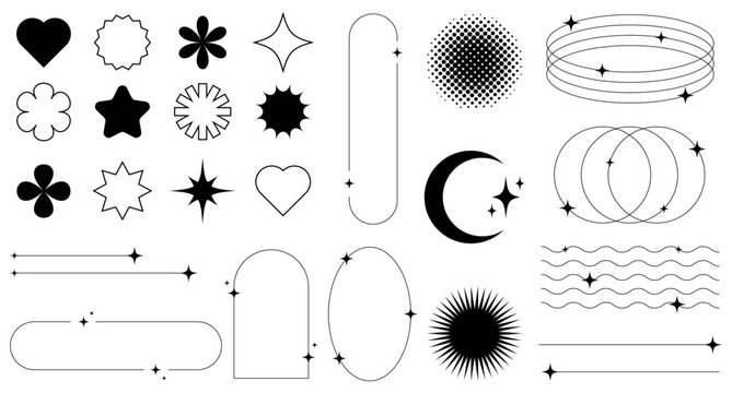 Set of abstract retro futuristic elements and shapes and aesthetic line frames boho, brutalism, Y2K style.Geometric elements with sparkles for template social media, poster, banner, logo, stickers